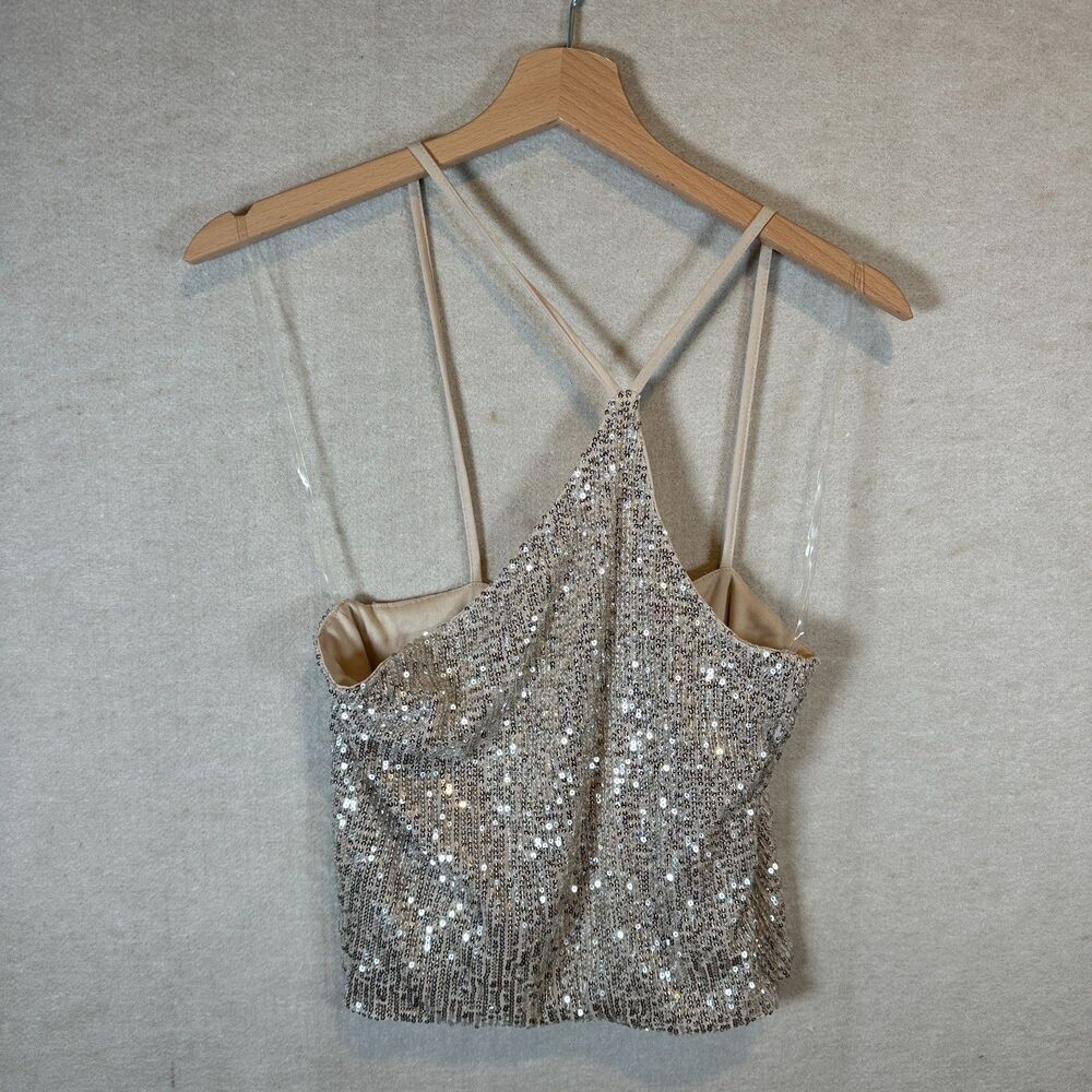 Know One Cares Silver Sequin Crossback Cami Crop Top Women's M NWT Party